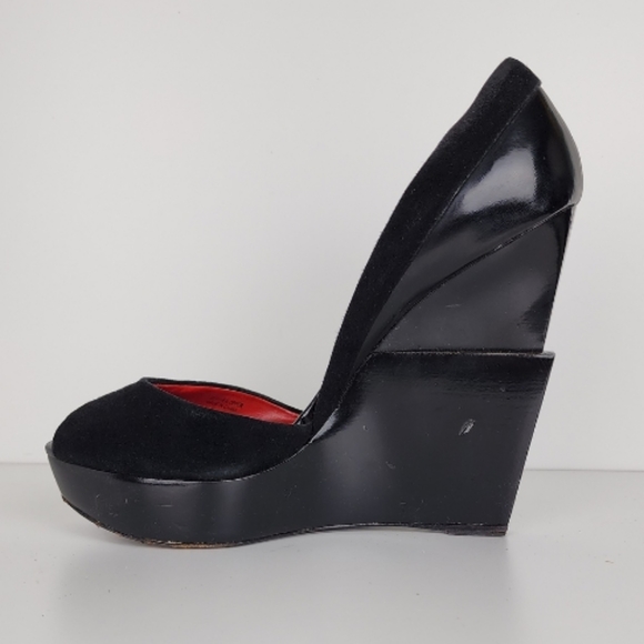 Charles Jourdan Cadence Wedge Platform Peep Toe Black Suede Size 10 - Picture 2 of 13